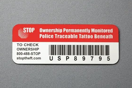 Stop Security Plate (Small) - Anti-Theft ID Tag and 24/7 Recovery Service for Laptops, Tablets, Cell Phones and Other Devices. Made in USA.