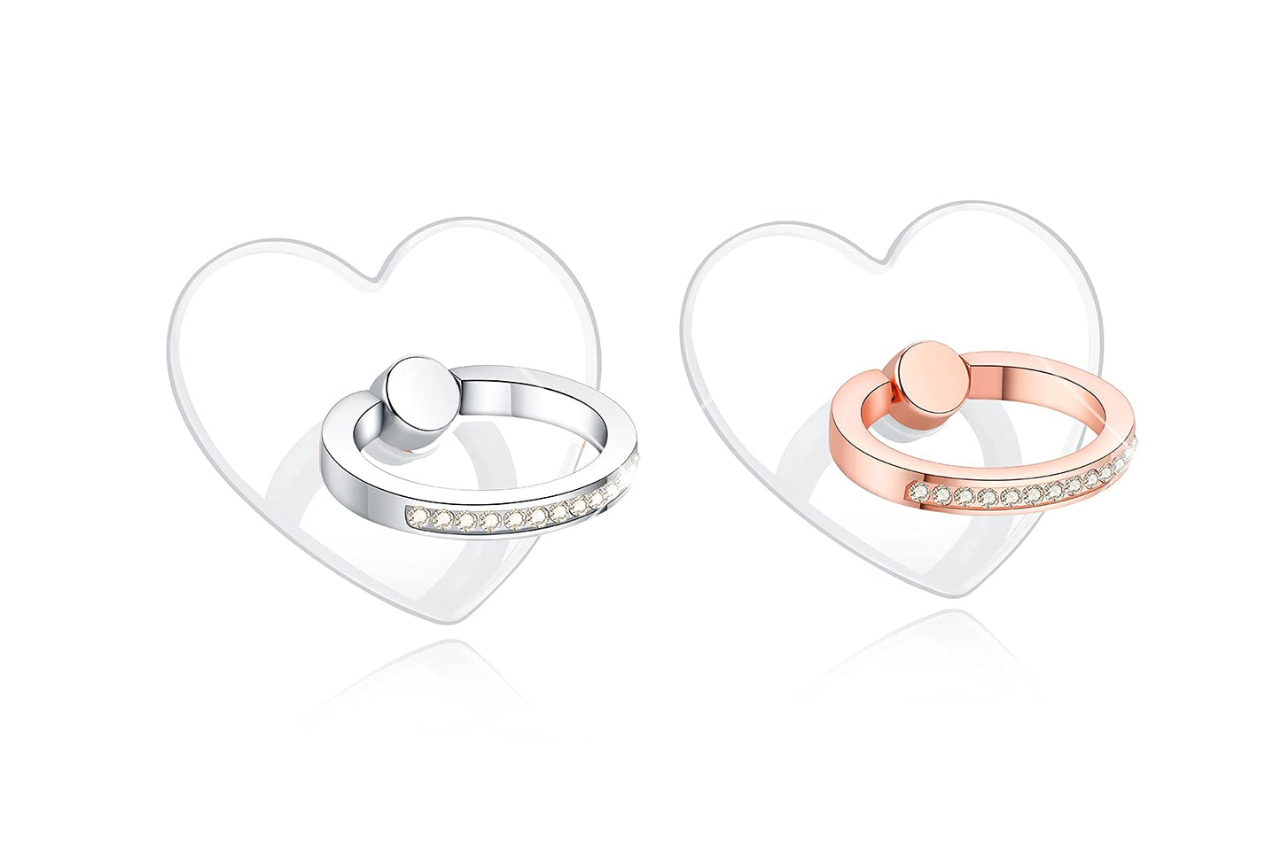 Transparent Heart Cell Phone Ring Holder Kickstand,Bling Bling Sparkle Diamond Clear Heart Cell Phone Finger Ring Grip Stand(Silver/Rose Gold)