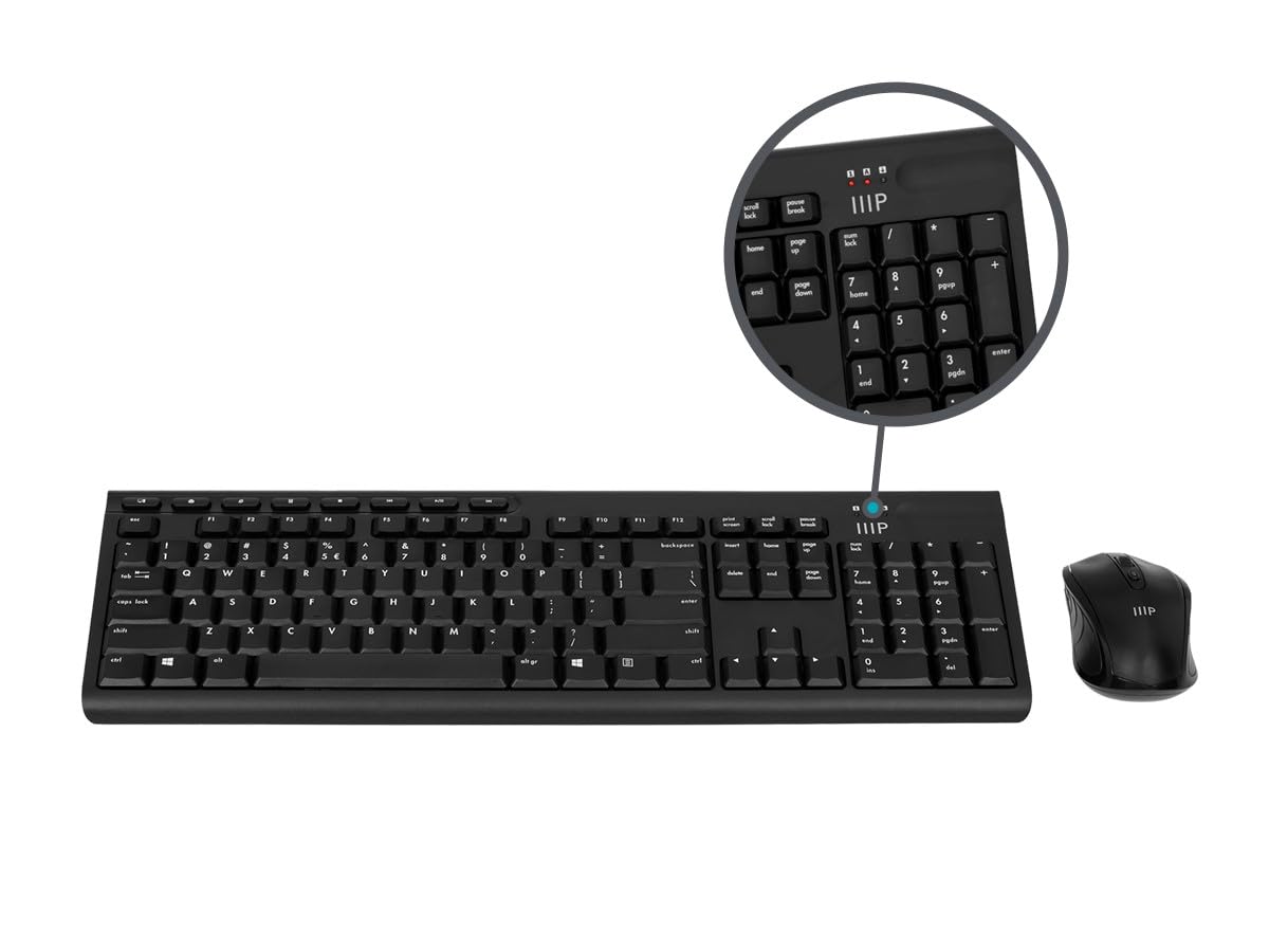 Monoprice Wireless Membrane Keyboard and Optical Mouse Combo, Full?Size 104?Key Keyboard, 2.4 GHz Wireless Receiver, for Both Home and Office Use