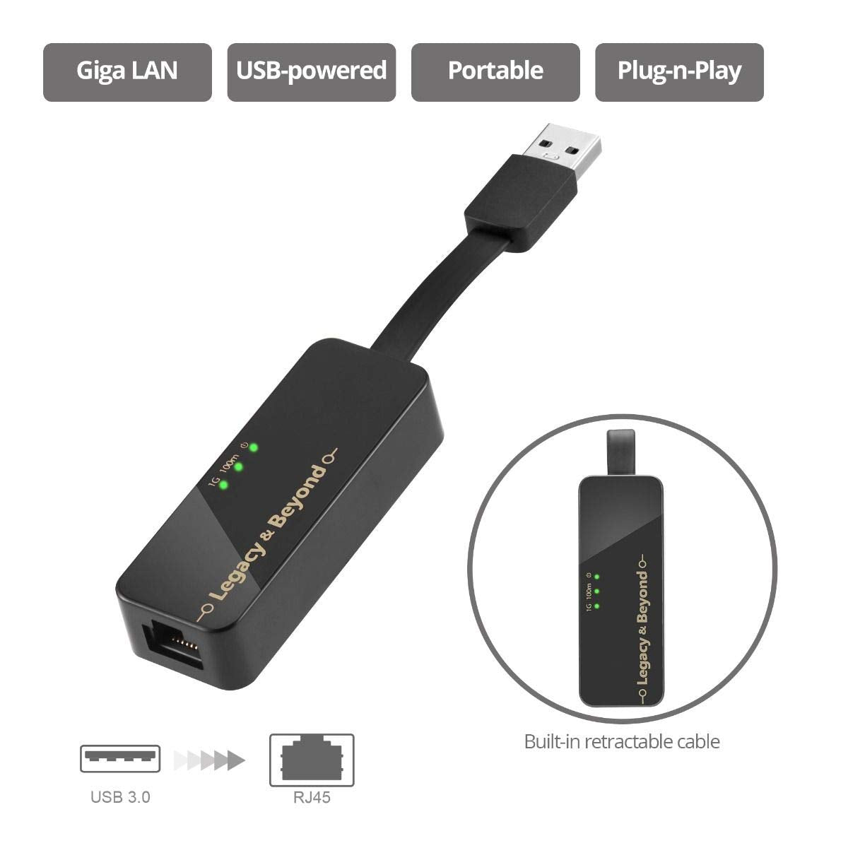 SIIG Foldable USB 3.0 to Ethernet Adapter, 10/100/1000 Mbps Gigabit Ethernet LAN RJ45, Supports Windows 10/8/7, Mac OS X 10.16 to 10.6 - Black