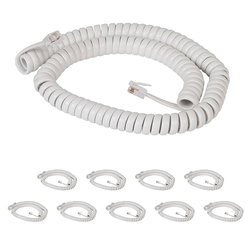 ICC Telephone Handset Cord/Phone Cord, 12 Ft - RJ9 (RJ22) Connectors, White, 10-Pack - Curly Coiled Tangle-Free Design for PBX & VoIP Phones