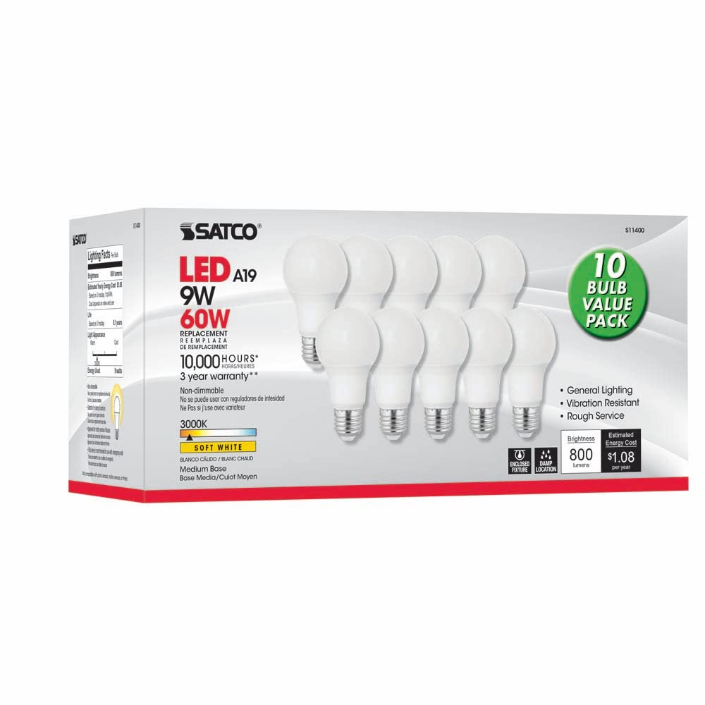 Satco S11400 LED Bulb, 9W, 120V, E26 ANSI Base, Non-Dimmable, 4.38" MOL, 2.38" MOD, 800 Lumens, 3000K, 10000 Hours Rated Life, 10 Bulb Value Pack