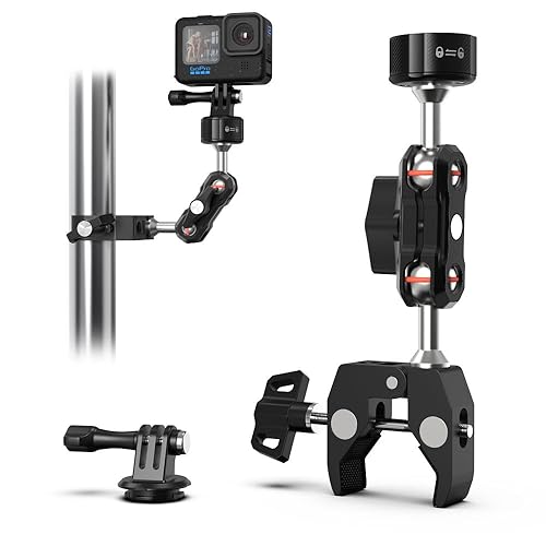 SUREWO Super Camera Clamp Mount,Super Clamp Mount with Dual Ballhead Magic Arm Compatible with Gopro Hero 13,12,11,10,9,8,7,6,5, Insta360 X4/3/2, DJI