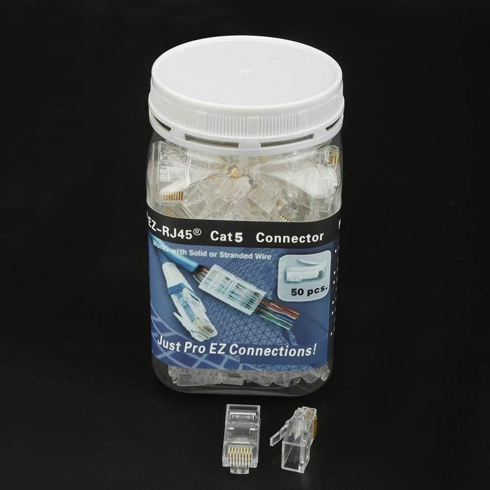 RJ45 CAT5 CAT5e Pass Through Connectors 50Pack End Ethernet 8P8C GoldPlated Modular Plug for Unshielded Twisted Pair Solid Wire Standard Cables