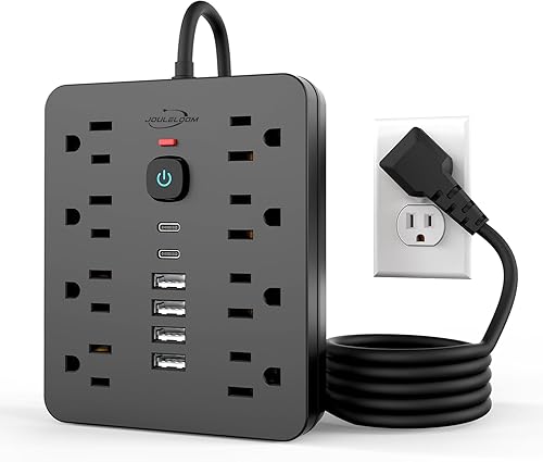 JouleLoom Power Strip Surge Protector with 8 Outlets, 4 USB and 2 USB C Ports, 5 Ft Extension Cord, Flat Plug, Wall Mount, Overload Protection Desk