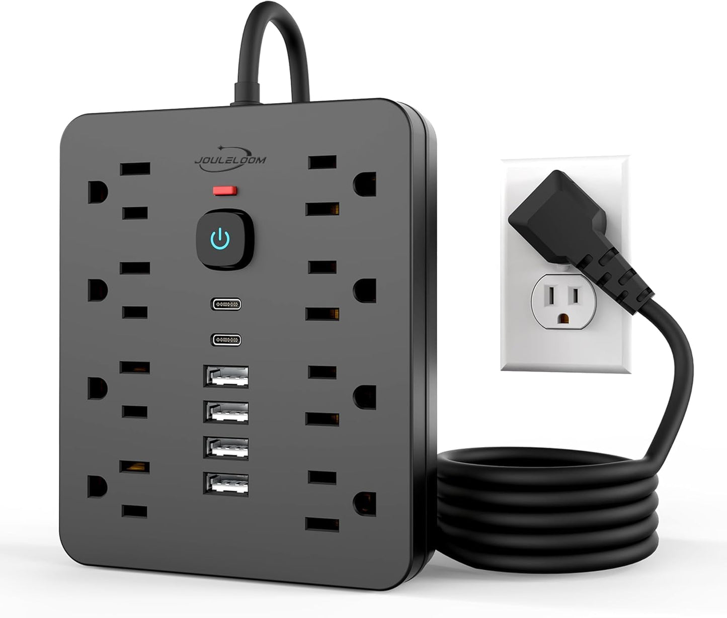 JouleLoom Power Strip Surge Protector with 8 Outlets, 4 USB and 2 USB C Ports, 5 Ft Extension Cord, Flat Plug, Wall Mount, Overload Protection Desk