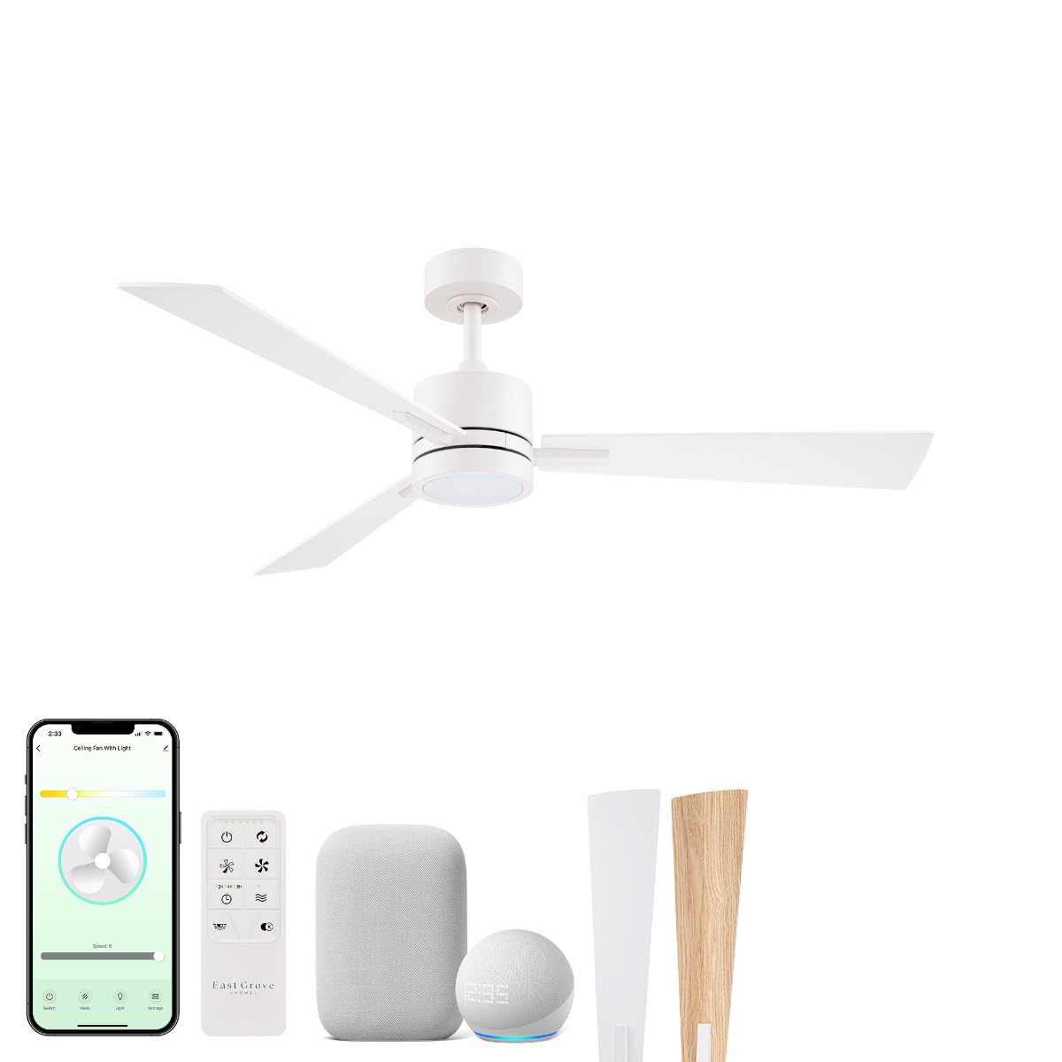 Bali 42in 3-Blade Smart Indoor or Outdoor Ceiling Fan 2700K-6000K CCT Tunable Range LED Light Kit in Matte White with Reversible White and Natural