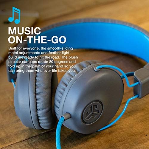 JLab Studio On-Ear Headphones, Wired Headphones, Gray/Blue, Tangle Free Cord, Ultra-Plush Faux Leather with Cloud Foam Cushions, 40mm Neodymium…
