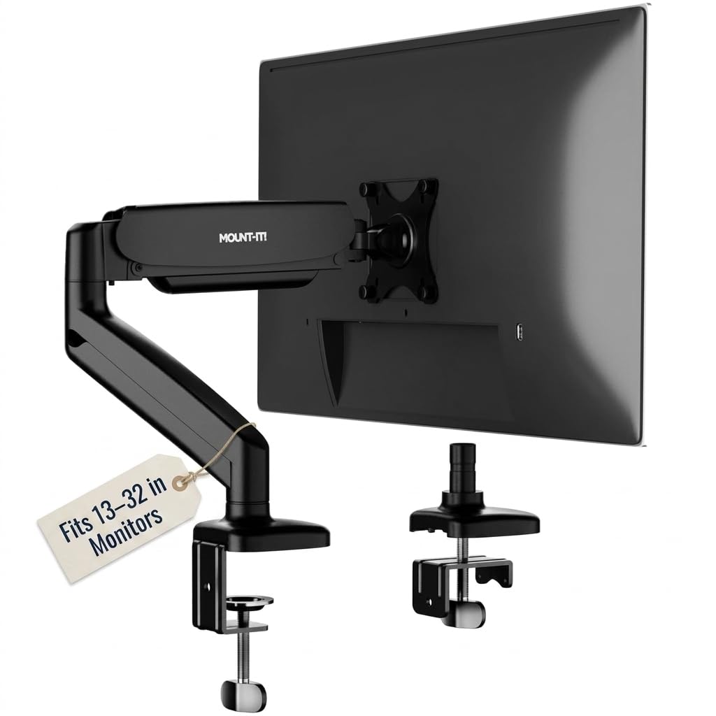 Mount-It! Single Monitor Arm Desk Mount, Gas Spring Monitor Mount, Fits 13-32" Screens up to 17.6 lbs, VESA 75x75 & 100x100, Full Motion Tilt Swivel