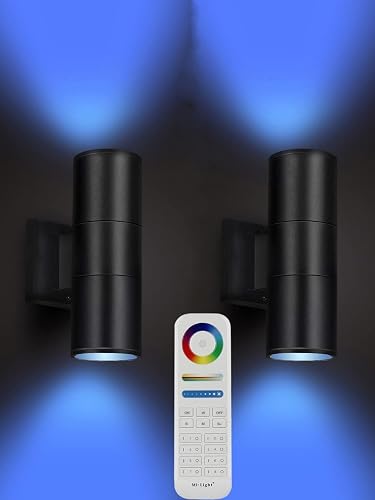 iYogaled Exterior Double Up Down Outdoor Wall Lights, Mi.Light Remote Control RGB Color Changing 1200lm Warm White 3000k RGB+CCT Cylinder Outdoor Wall
