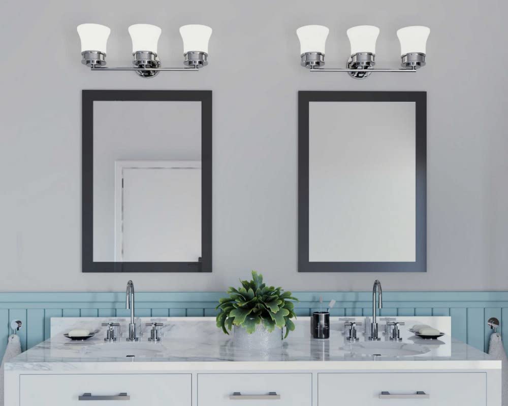 Progress Lighting 3 Light Bathroom Vanity Light, Coastal Style Modern Bath Lighting Fixture with Etched White Glass Shade for Over the Mirror