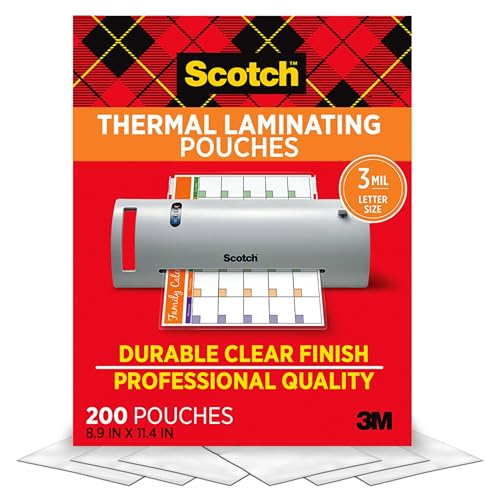 Scotch Thermal Laminating Pouches, 200 Count, Clear, 3 mil.