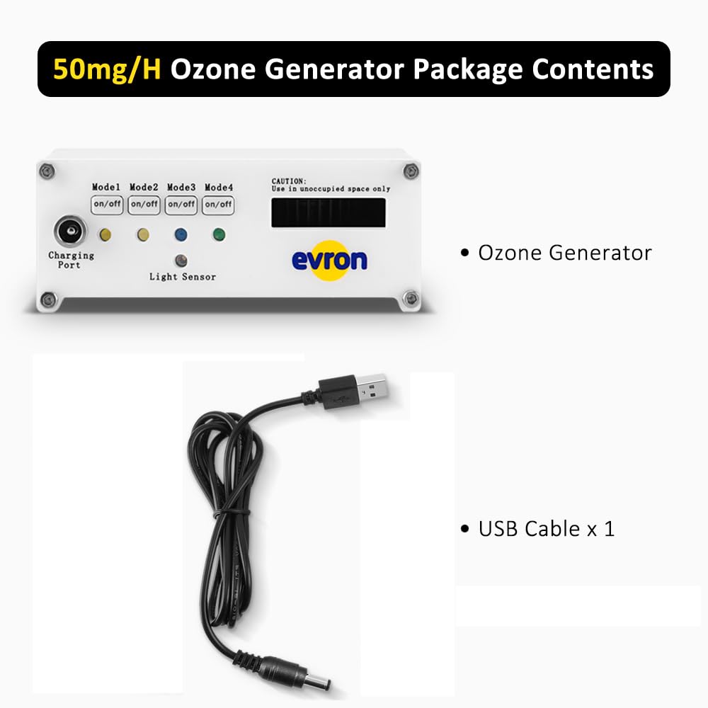 Evron Portable Ozone Generator 50-100mg/h, USB Powered (Input Only), No Internal Battery, Built-in Fan, 4 Modes, For Unoccupied Enclosed Areas: Car