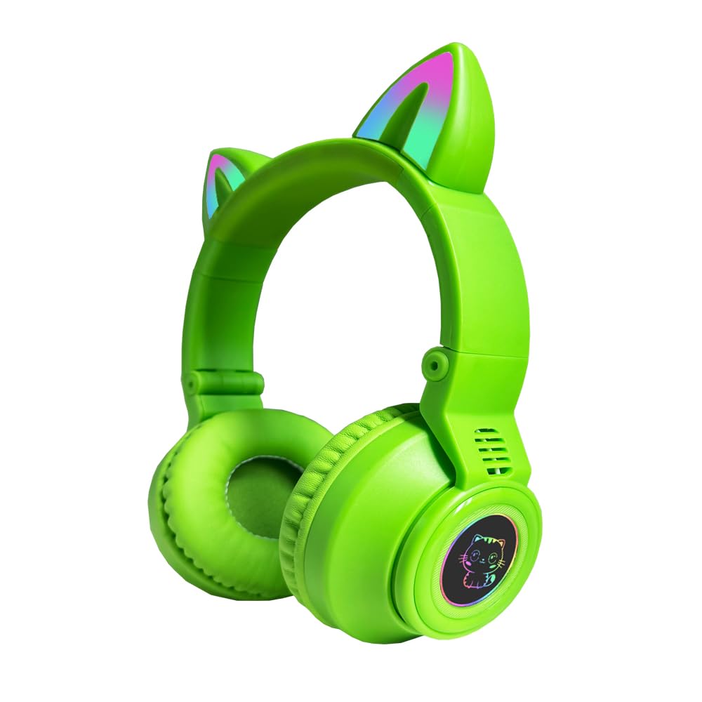Kids Bluetooth Headphones,Cat Ear LED Light Up Wireless/Wired Headset,85 dB Volume Limited Foldable Headphones,Built-in Mic,Support FM/Micro…