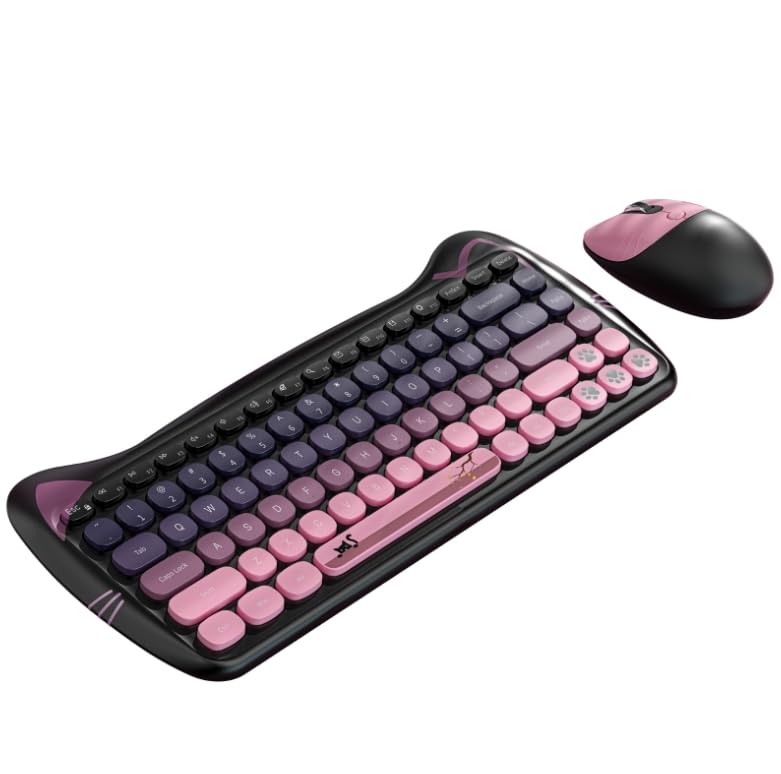 Cute Cat Keyboard and Mouse Combo with Magnetic Cat Figure - Wireless 2.4GHz, Compact Design, for Laptop & Desktop (Black-Pink Gradiant)