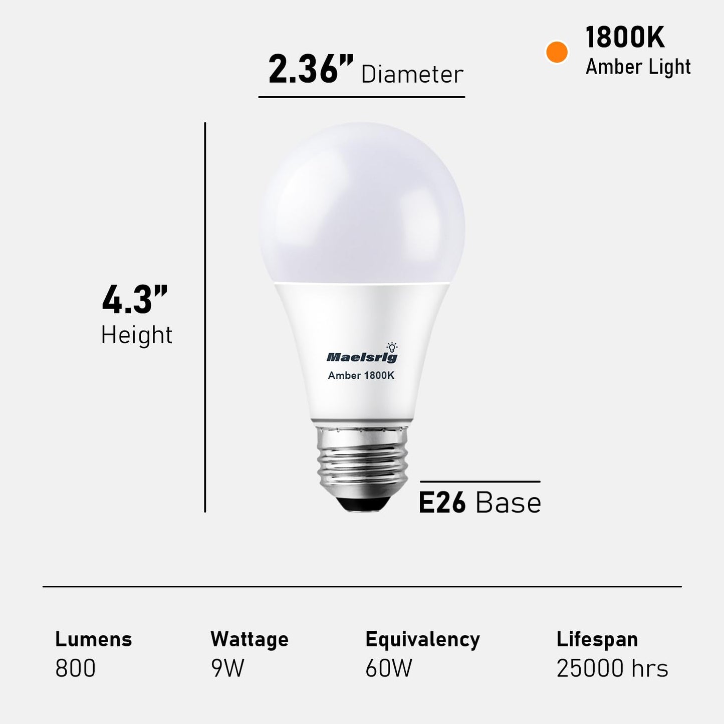 Maelsrlg A19 Warm Sleep Light Bulb, 9W(60W Equivalent), 1800K Amber, Dimmable, E26 Base, Soft Yellow Light Bulbs, 800 Lumen, 120V, 4-Pack