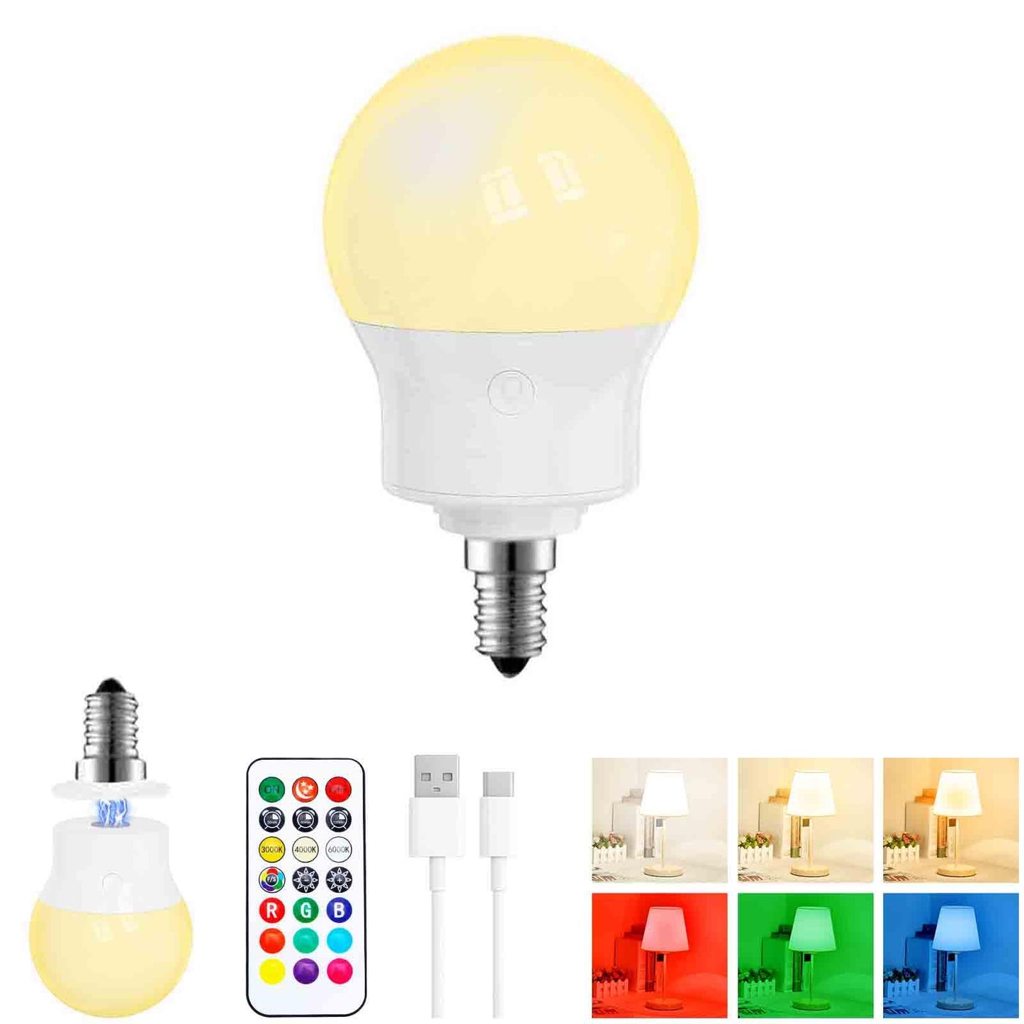 Rechargeable LED Light Bulbs with Remote, Dimmable Magnetic E12 Battery Operated Light Bulb, 12 RGB Colors, 480LM 40W Equivalent, 3 Timer,
