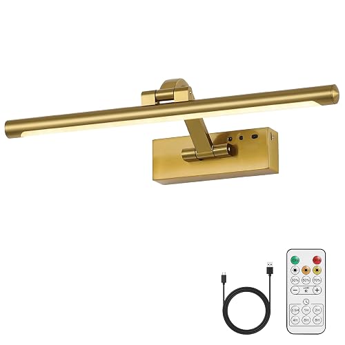 MKBNG Gold Battery Operated Wall Sconce with Remote - 3CCT Picture Lights for Wall, 270° Rotatable Lamp for Aura Frame Or Under Cabinet Lighting