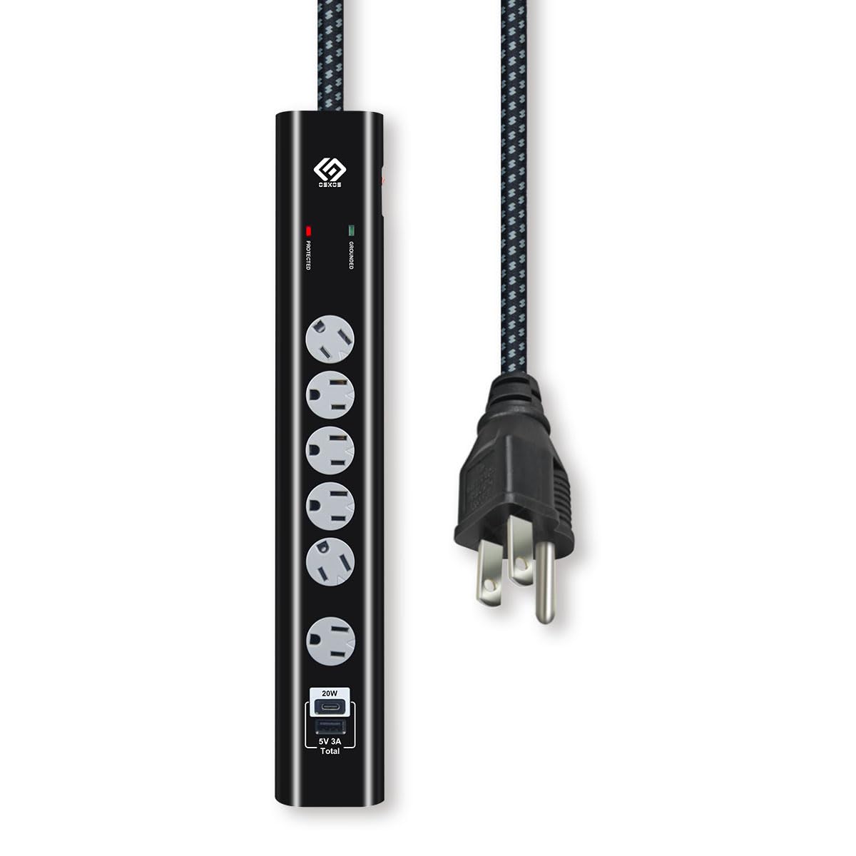 OSKOS PD20W USB-C Charger, Two USB Ports (1A1C), 6 outlets Power Strip with 6FT 14/3 Braided Cord, 1080 Joules Surge Protected, 15A Built-in Circuit