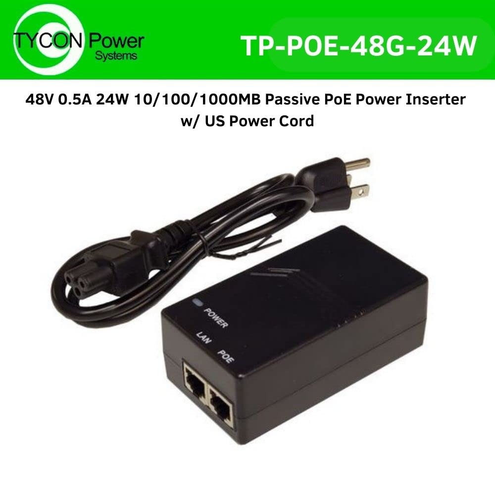 Tycon Power Systems 48V 0.5A 24W 10/100/1000MB Passive PoE Power Inserter w/US Power Cord