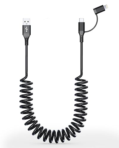 Coiled USB to USB C and Lightning Cable 2 in 1 - MFi iPhone 15/16 Car Charger Cord, 3A Fast Charging Cable for iPhone 16/15/14/13/12/X, Galaxy…