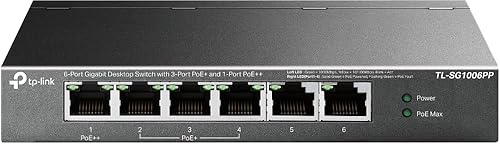TP-Link TL-SG1006PP | 5 Port PoE Switch | 3 PoE+ and 1 PoE++ Ports @64W, w/ 2 Uplink Gigabit Ports | Sturdy Metal | Plug & Play | Extend Mode | PoE