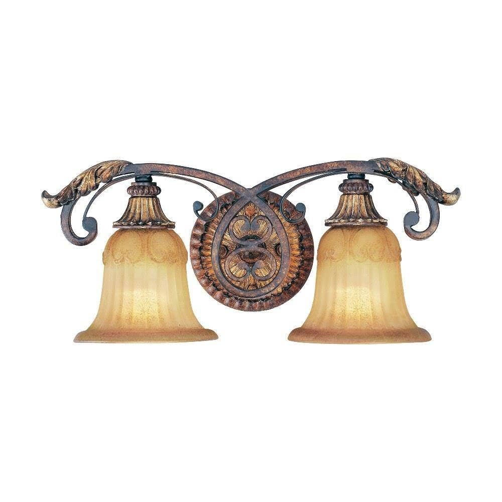 Livex Lighting 8552-63 Villa Verona 2 Light Verona Bronze Finish Vanity Bath with Aged Gold Leaf Accents and Rustic Art Glass