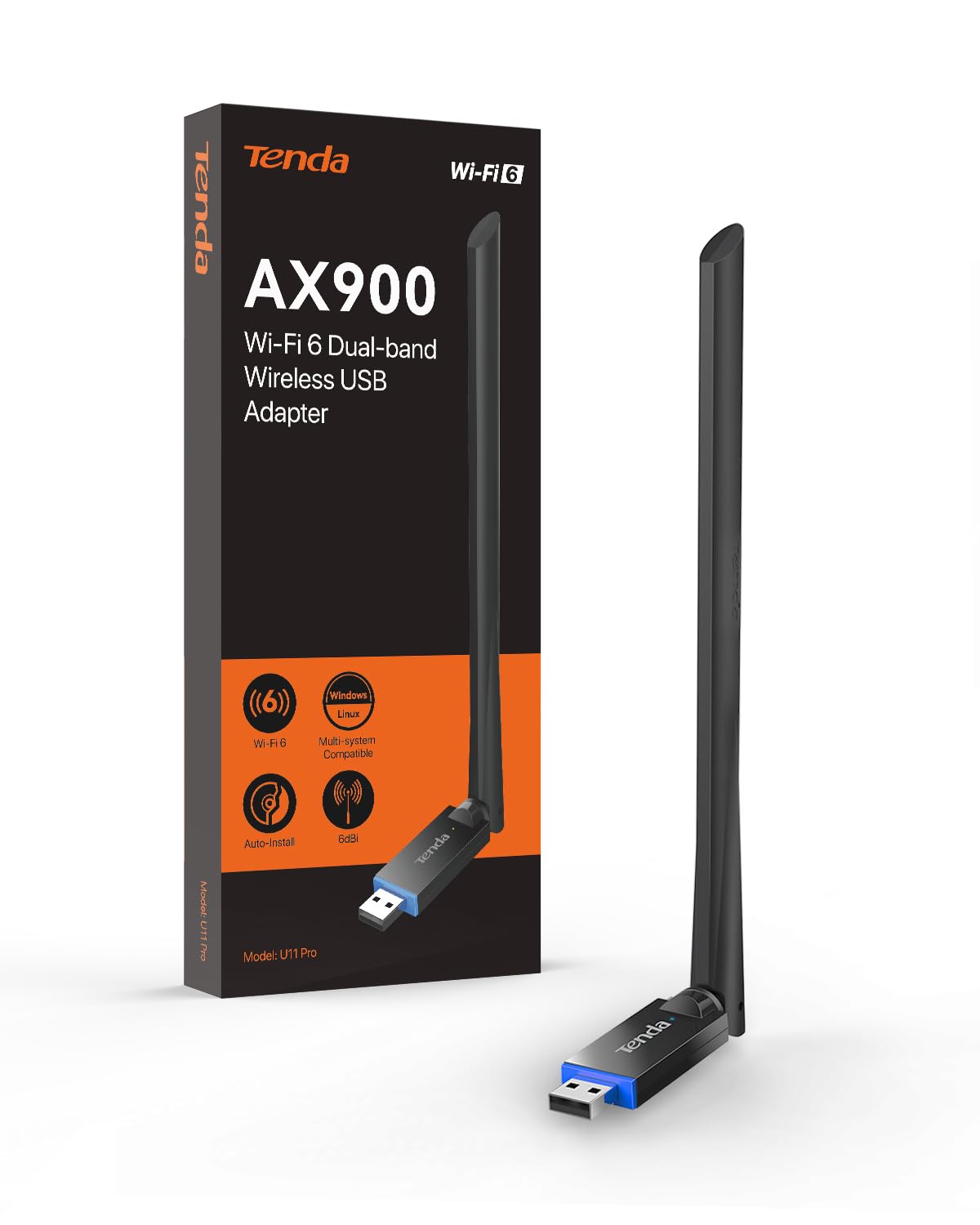 Tenda AX900 WiFi Adapter WiFi 6- Dual-Band 600Mbps 5GHz/ 286Mbps 2.4GHz, 6dBi High Gain Antenna, Wireless WiFi Adapter for Windows 11/10/7 USB WiFi