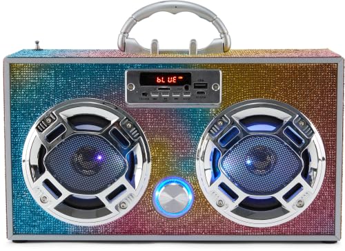 Wireless Express - Boombox Speaker with LED Lights - Retro Bluetooth Speaker w/Enhanced FM Radio - Perfect for Home and Outdoor (Swirl Bling)