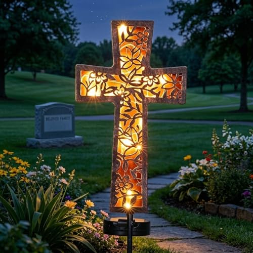 Solar Cross Garden Stake Lights 38inch Metal Outdoor Waterproof Memorial Garden Decor 2 Lighting Modes Cemetery Decorations for Grave for Remembrance