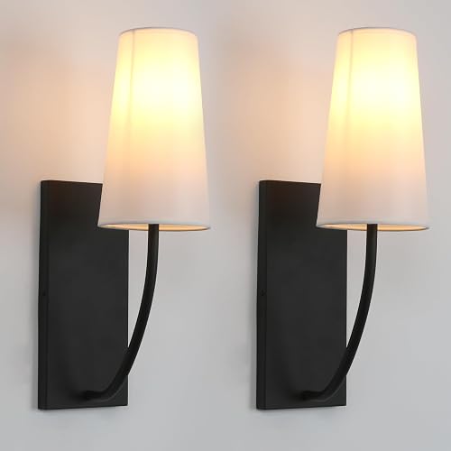 Yosoan Set of 2 Black Brass Fabric Wall Sconce Bedside Indoor Light, Boho Modern Vintage Industrial Vanity Fixture, White Long Cone Fabric Shade