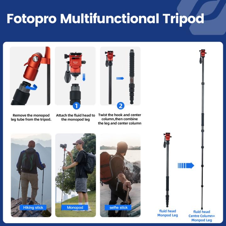 Fotopro 59" Carbon Fiber Travel Tripod with Fluid Head Detachable Monopod with Quick Release Plate and Bag Camera Tripod Load up to 8KG/17.63lbs X-go