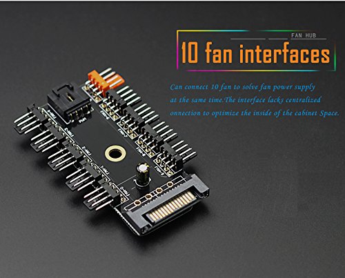 (2 Pack) Toptekits Chassis Fan Hub CPU Cooling HUB 10 Port 12V 4 Pin Fan PWM Fan Hub SATA Controller,1 Female to 10 Male 4Pin Fan Hub Splitter Cable