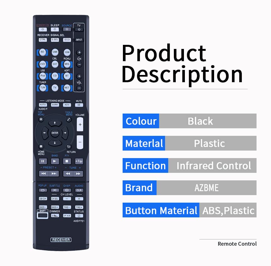 AXD7721 Replacement Remote Control for Pioneer AV Receiver VSX-529-K VSX-1024 VSX-1029 VSX-44 VSX-824 VSX-S300-K S310 VSX-530-K VSX-424-K AXD7719