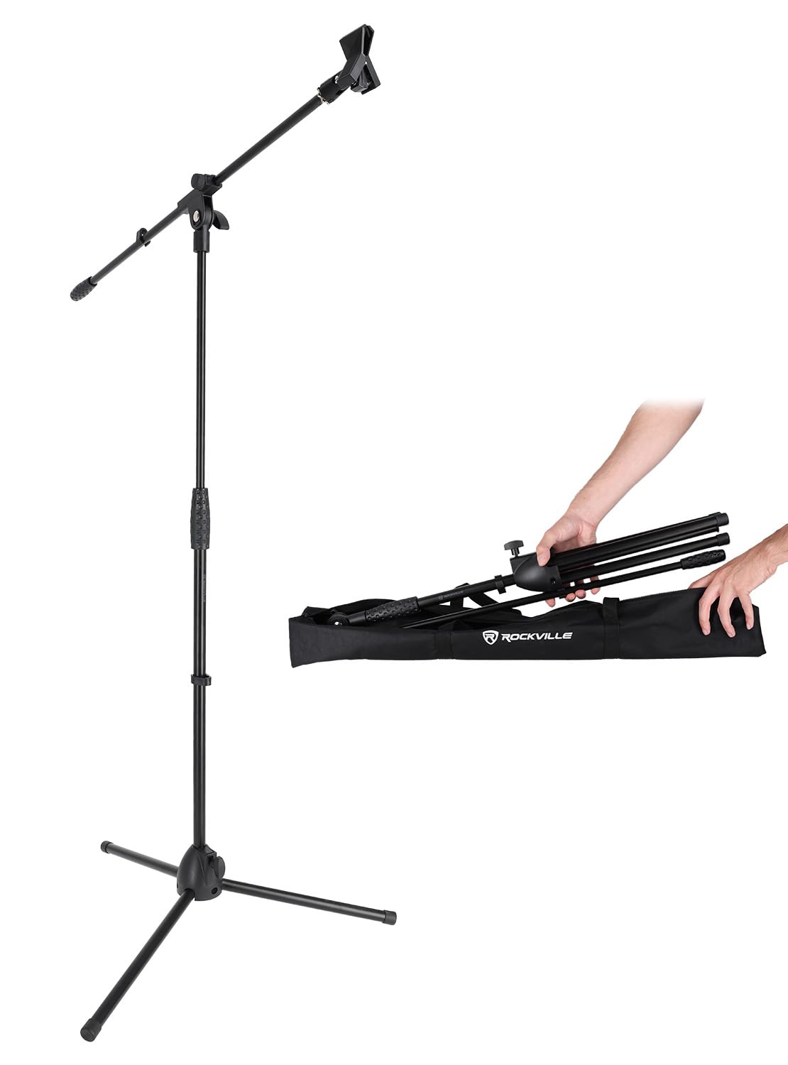 Rockville RVMIC50 Portable Mic Stand with Boom, 30.7"-50.4" Adjustable Height, 30" Boom, Lightweight Sturdy Steel Tubes, Includes Carry Bag, For DJs