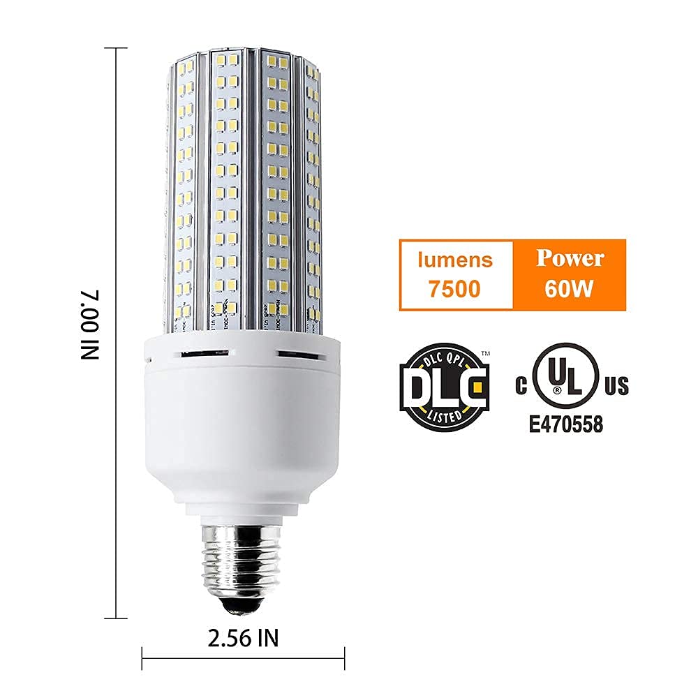 New Sunshine, 2 Pack LED Corn Light 600W Equivalent LED Corn Bulb 7500 Lumen 60W Large Area Cool Daylight White E26/E27 Medium Base for Garage