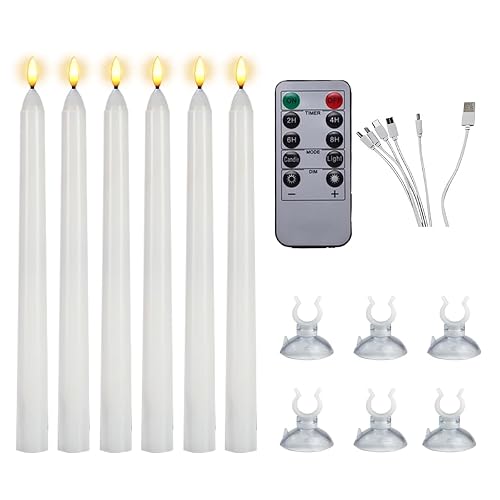 ZenQiKe Rechargeable Taper LED Candles 6 PCS with Remote Timer Suckers, 3D Flickering Flameless Light Window Candles,Battery Operated Candlesticks