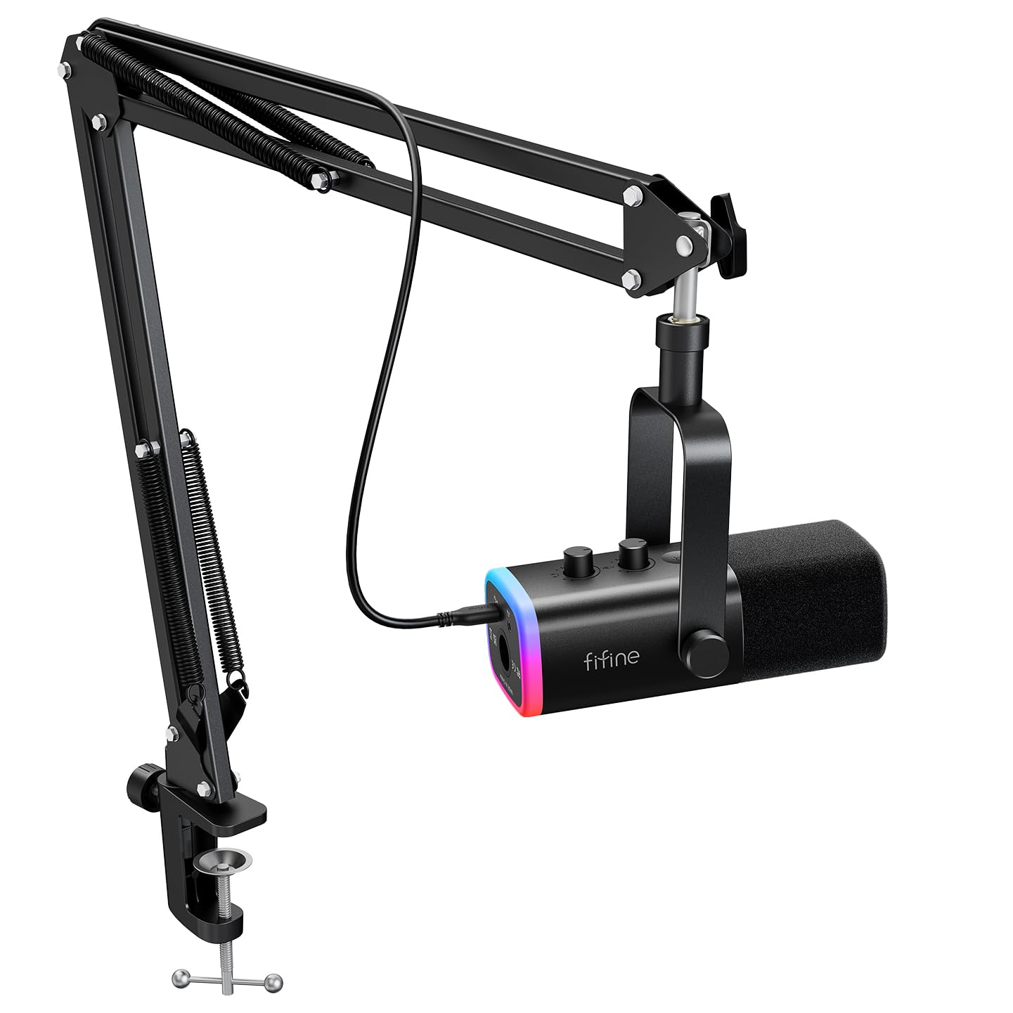 FIFINE XLR/USB Gaming Microphone Set, Dynamic PC Mic for Streaming Podcasting, Computer RGB Mic Kit with Boom Arm Stand, Mute Button, Headphones Jack