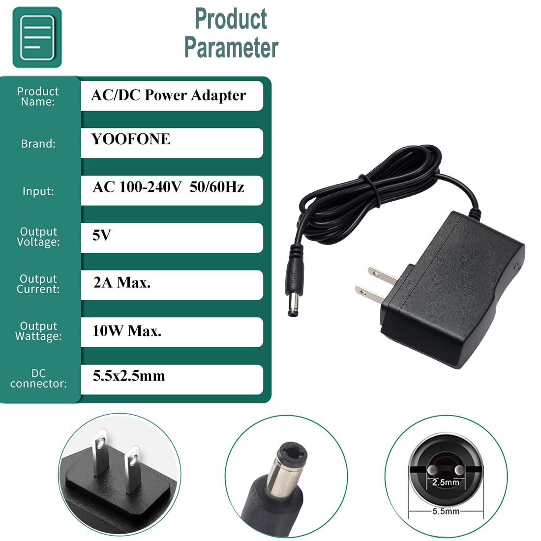 5V DC Power Supply 2A Wall AC Adapter 100-240V 50-60Hz to DC 5 Volt 2 Amp Power Adapter Cord with 5.5x2.5mm Plug for TV Box LED Strip Lights Speaker…