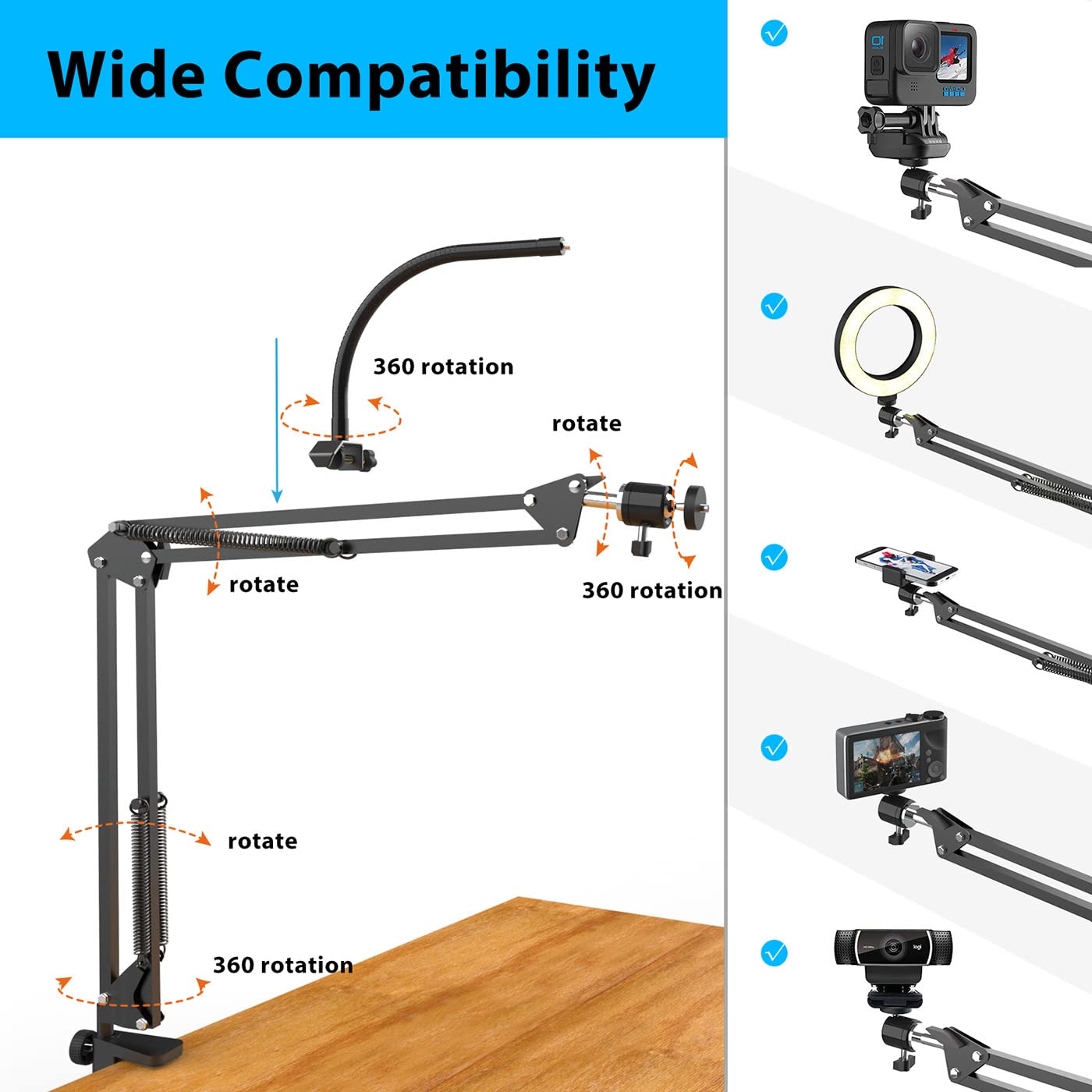 Overhead Camera Mount with Ring Light, Flexible Articulating Phone Arm Stand Compatible with iPhone, Logitech Webcam, Desk Tripod for YouTube Live