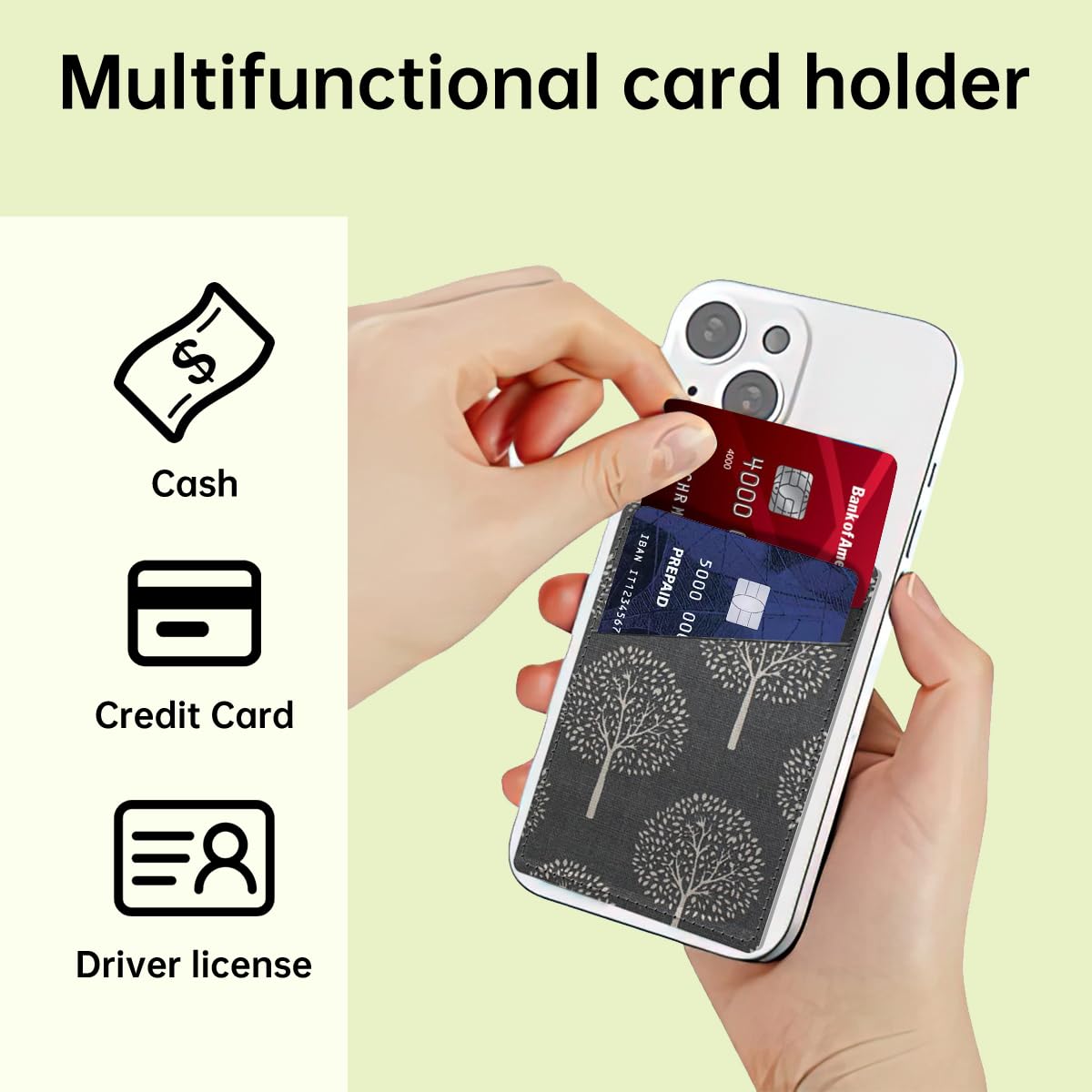 DAORJWL Leather Phone Card Holder, Dual Pocket Wallet, Adhesive Stick On, Cute Credit Card Pocket for Phone Case, Grey Dandelion