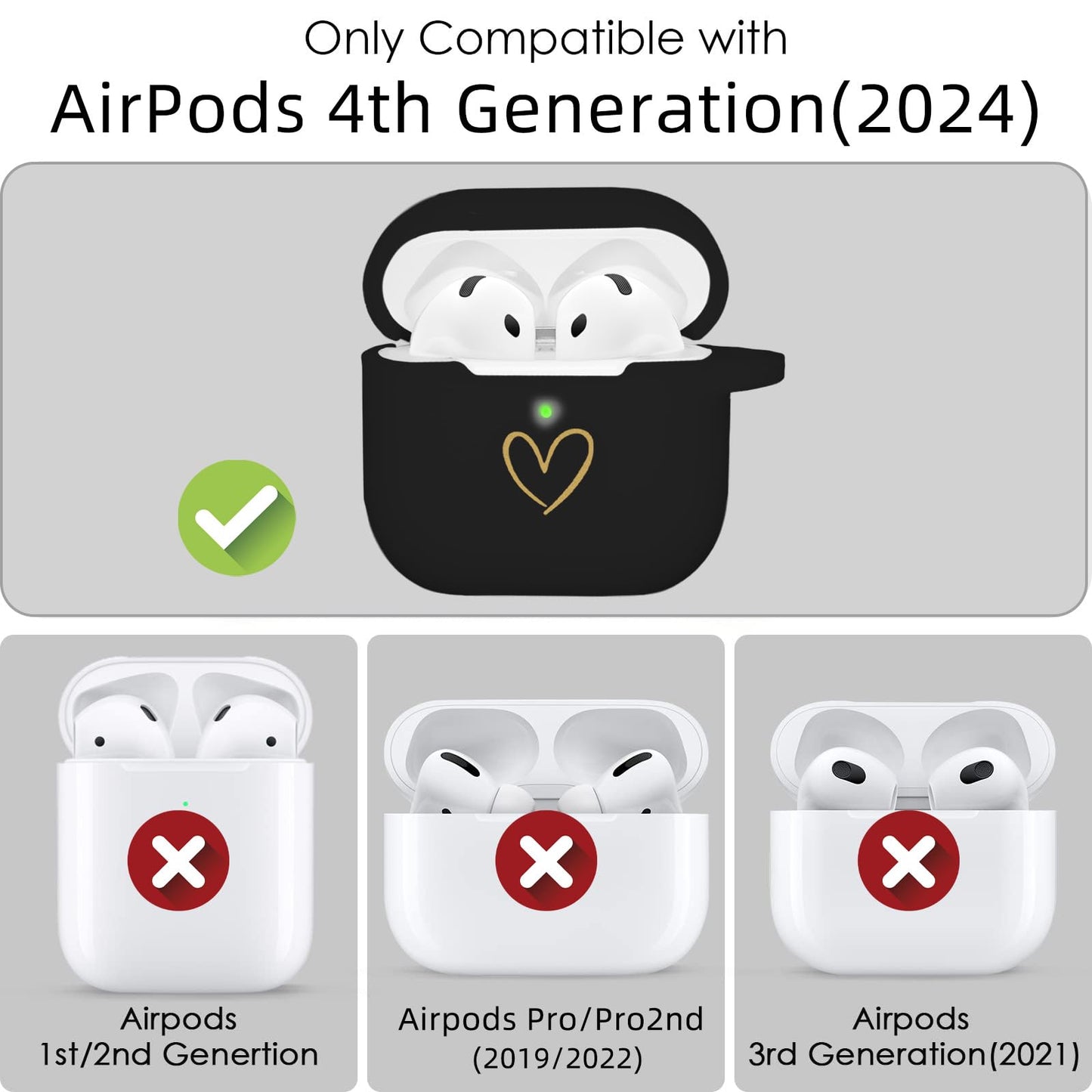 AIIEKZ Compatible with AirPods 4 Cover 2024, Soft Silicone Case With Gold Heart Pattern for 4th Generation, Rhinestone Studded Letter A-Z Keychain (M
