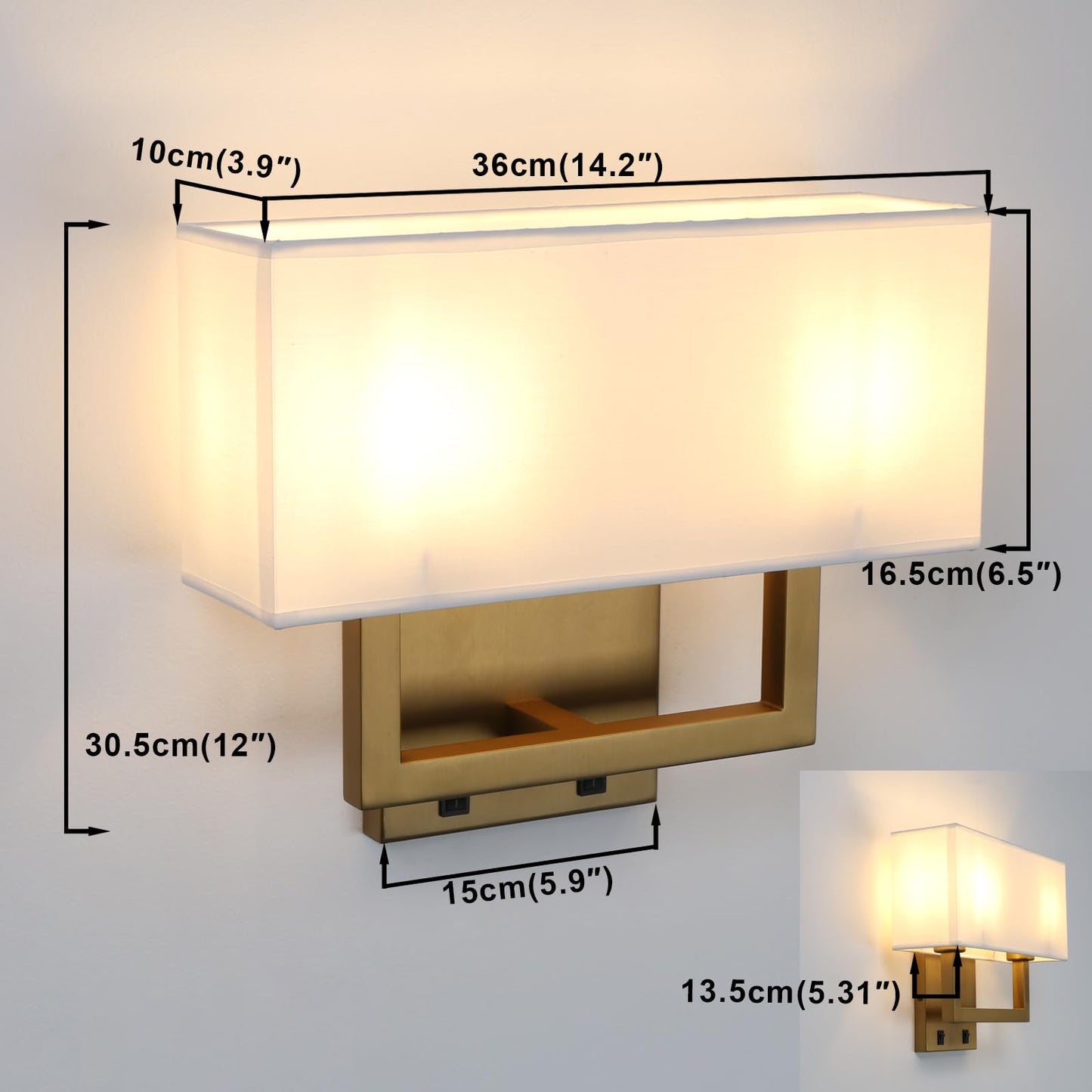 Yosoan Indoor Bedside Wall Sconce with On Off Switch, Modern Boho Interior Finish Brass 2-Light Vanity Vintage Industrial with Square White Fabric
