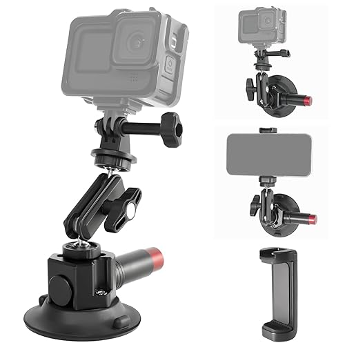 CNC Machined 3in Camera Suction Cup Mount with Adjustable Magic Arm, 1/4" ARRI Holes Quick Release Car Mount with Phone Holder & Action Camera Adapter