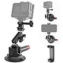 CNC Machined 3in Camera Suction Cup Mount with Adjustable Magic Arm, 1/4" ARRI Holes Quick Release Car Mount with Phone Holder & Action Camera Adapter