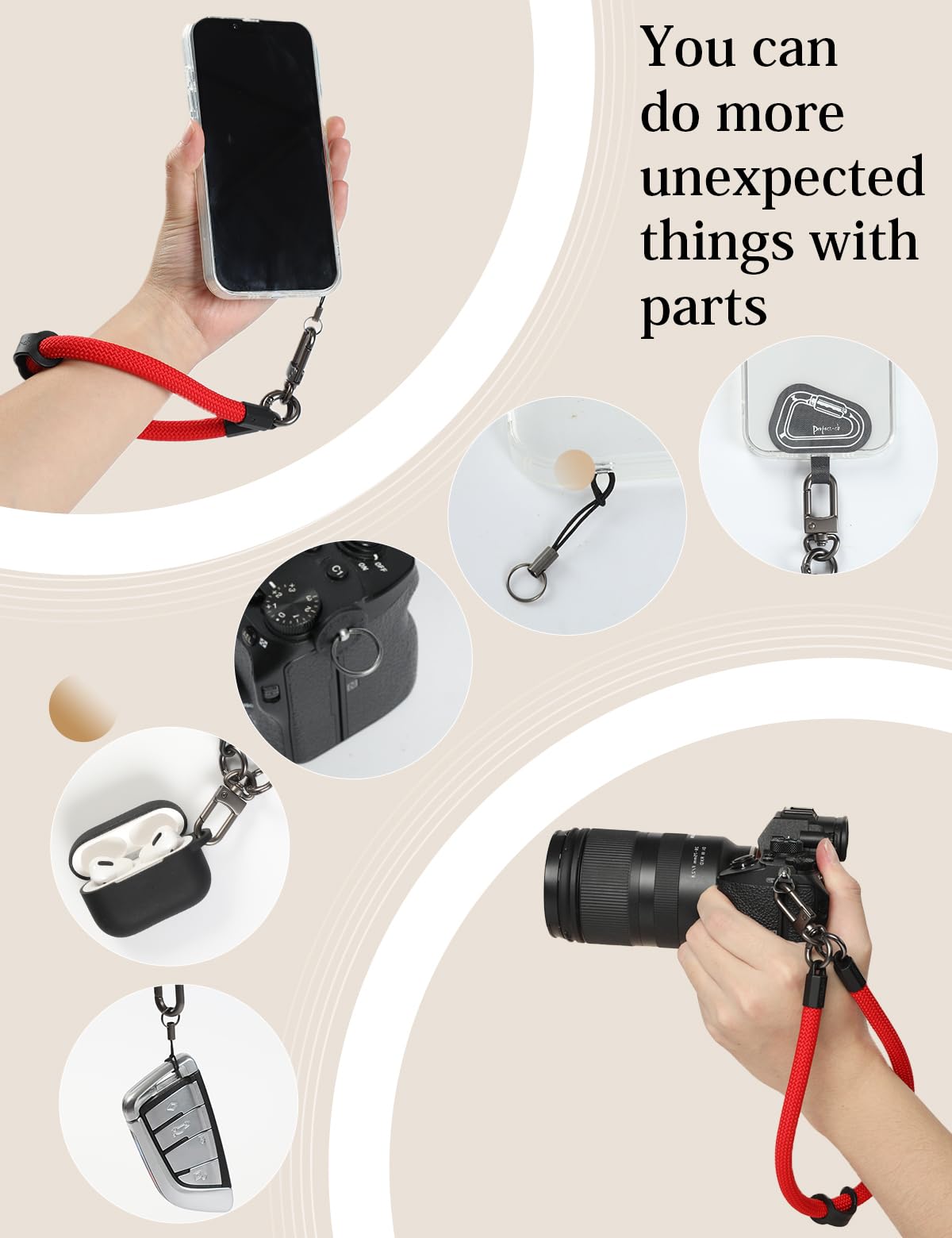 project-cb Hand Wrist Phone Strap,Phone Lanyard Patch ×2,Cell Phone Case Holder,Wristlet Strap for Key,AirPods,Camera (Black, 12inch)