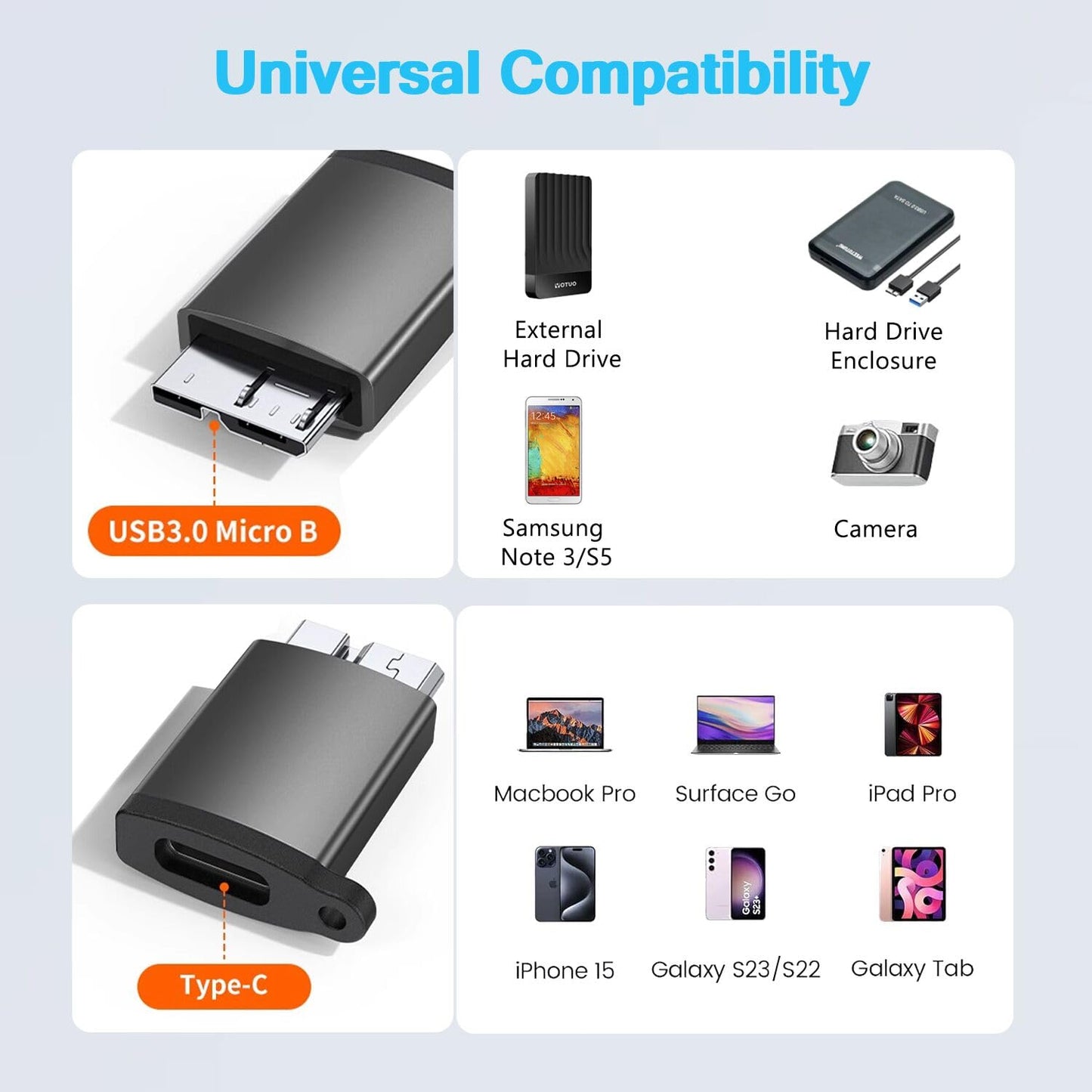 USB C to Micro B Adapter, USB 3.0 Micro B Male to USB C Female External Hard Drive Cable Adapter Compatible with Seagate, LaCie, Toshiba, Samsung…