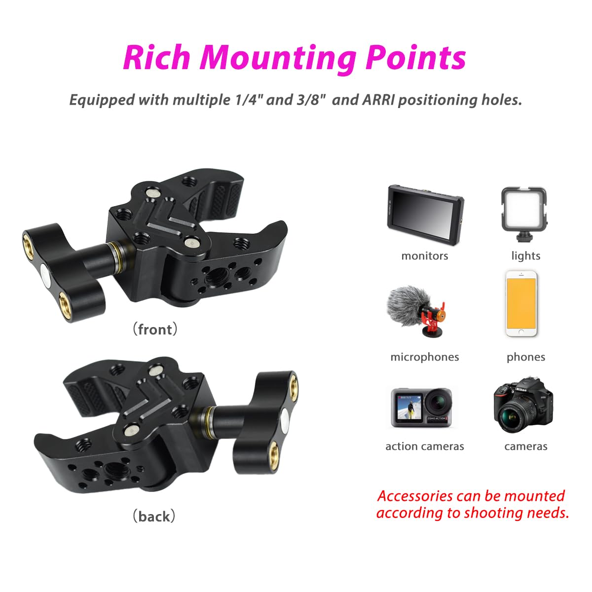 Akeipho Super Clamp with 1/4" 3/8" Threads, Camera Clamp Mount for LED Lights,Magic Arm, Mic, Wireless Flash Receivers, Triggers, Photography