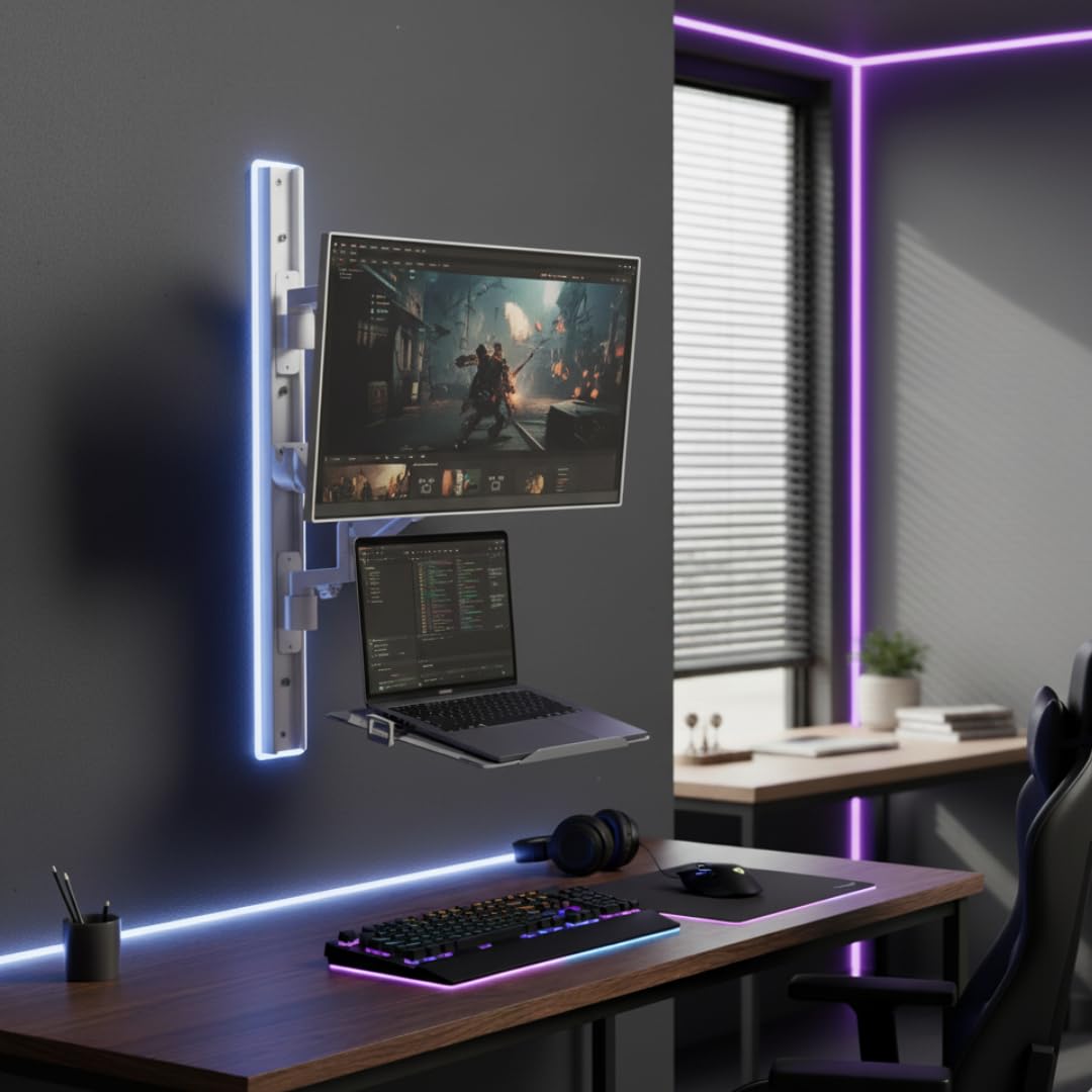 ZeboZap ZLTV8022 Wall Monitor Mount with Keyboard Tray | Fits 17 to 43 Inch | Single Monitor Wall Mount with Laptop Tray | Home Office, Bedside