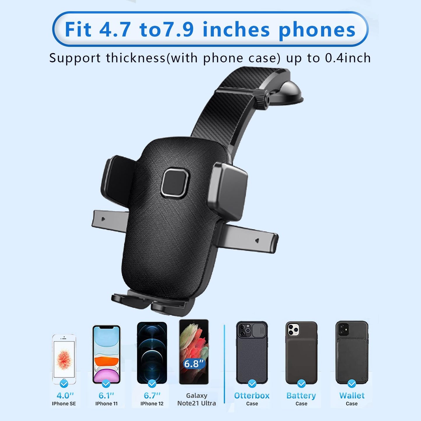 Yumfugu Car Phone Holder, 360 Degrees Long Arm Dashboard Windshield Mount, Universal Anti-Shake Smartphone Holder with Strong Suction Cup, for Most